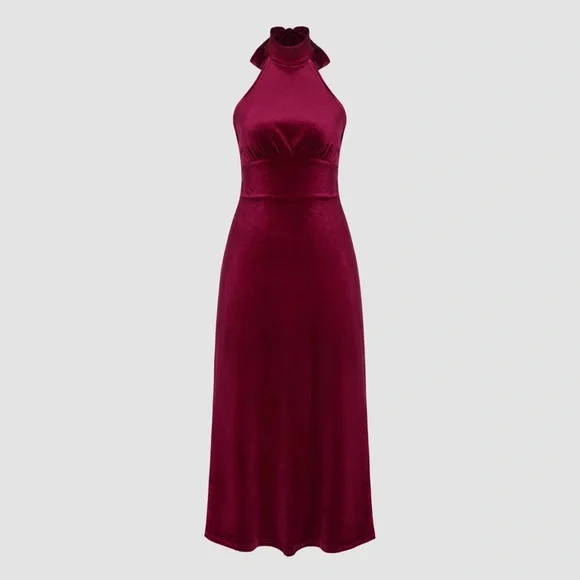 Burgundy Velvet Halter Bowknot Lace Up Maxi Dress: L/Size 8 | Color: Red | Size: 8 | Princesspamela's Closet